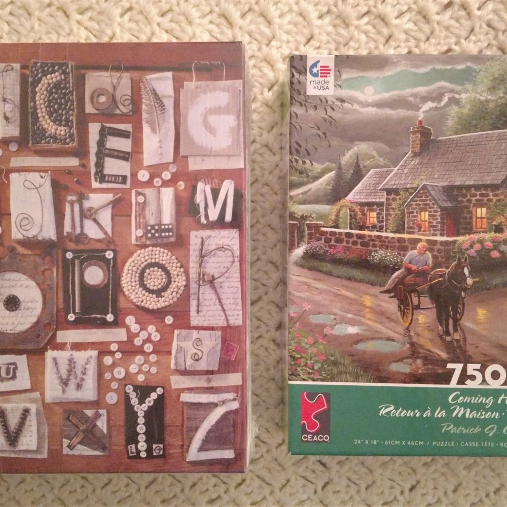 2 Adult Puzzles~NEW HALLMARK Homespun Alphabet + Lakeside Cottage with poster